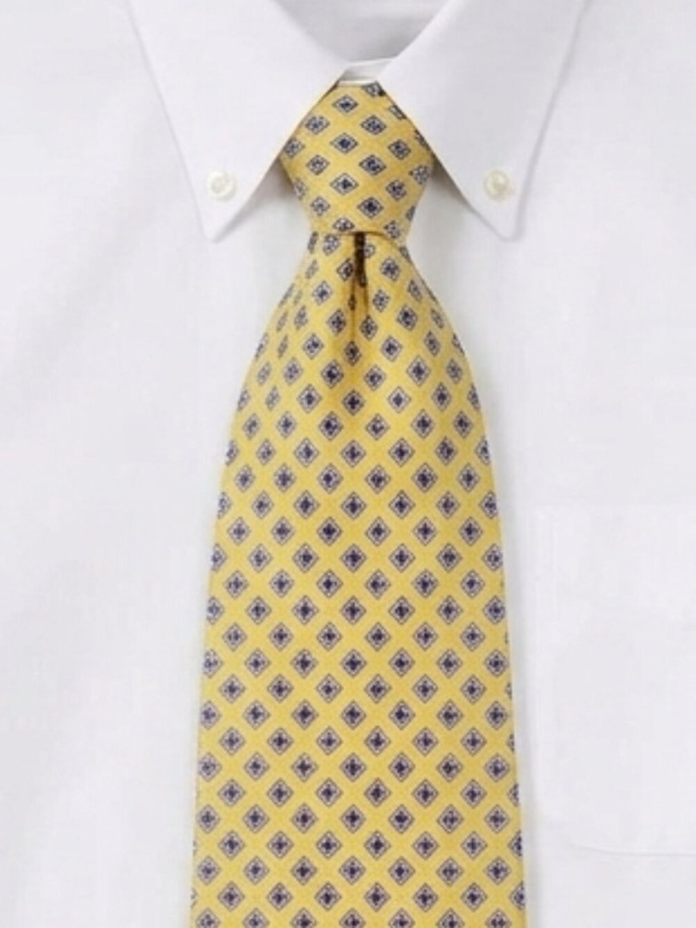 Lands' End Men's Silk Necktie Yellow Blue Geometric Pattern Handsewn USA Made